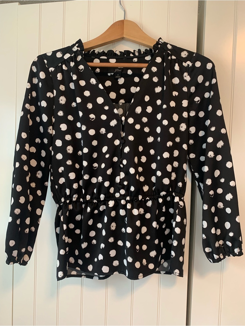 J. Crew Black and White Polka Dot Peplum Blouse